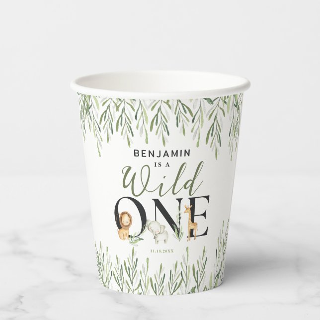 Wild One Safari Animals Boy 1st Birthday Party Paper Cups (Back)