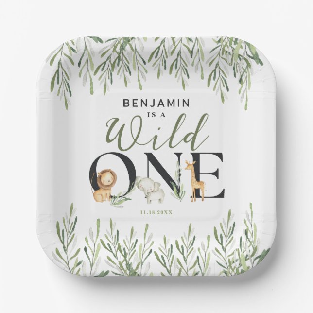 Wild One Safari Animals Boy 1st Birthday Party Paper Plate (Front)
