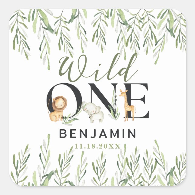 Wild One Safari Animals Boy 1st Birthday Party Square Sticker (Front)