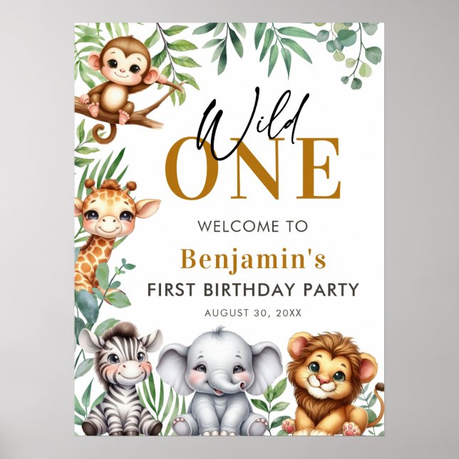 Wild One Safari Animals Boy 1st Birthday Welcome Poster (Front)