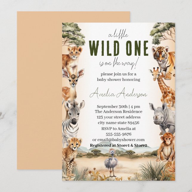 Wild One Safari Animals Boy Baby Shower Invitation (Front/Back)