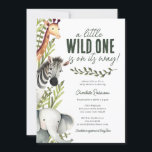 Wild One Safari Animals Boy Baby Shower Invitation<br><div class="desc">Welcome to the wild side with our Wild One Safari Animals Boy Baby Shower Invitation! If you're planning a safari-themed baby shower for a little boy, this invitation is perfect for you. Featuring playful illustrations of safari animals like an adorable elephant, zebra, and giraffe, against a backdrop of rustic green...</div>