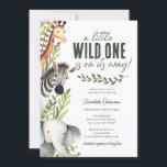 Wild One Safari Animals Boy Baby Shower Invitation<br><div class="desc">Welcome to the wild side with our Wild One Safari Animals Boy Baby Shower Invitation! If you're planning a safari-themed baby shower for a little boy, this invitation is perfect for you. Featuring playful illustrations of safari animals like an adorable elephant, zebra, and giraffe, against a backdrop of rustic green...</div>