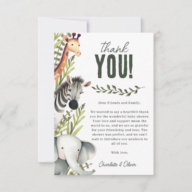 Wild One Safari Animals Boy Baby Shower Thank You Card (Front)