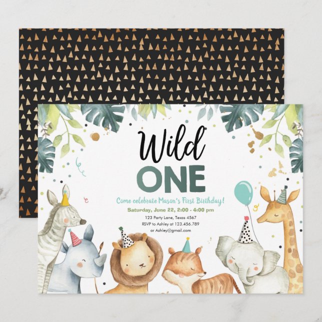 Wild One Safari Animals Boy Birthday Invitation (Front/Back)
