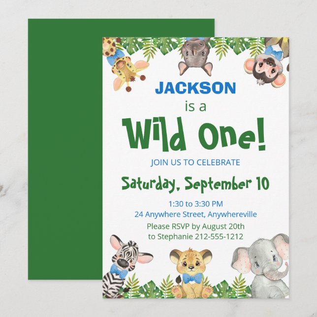 Wild One Safari Animals Boy First Birthday  Invita Invitation (Front/Back)