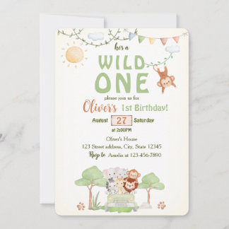 Wild One Safari Animals Boy First Birthday  Invitation