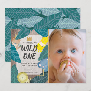 Wild One Safari Animals Boy Photo 1st Birthday Invitation