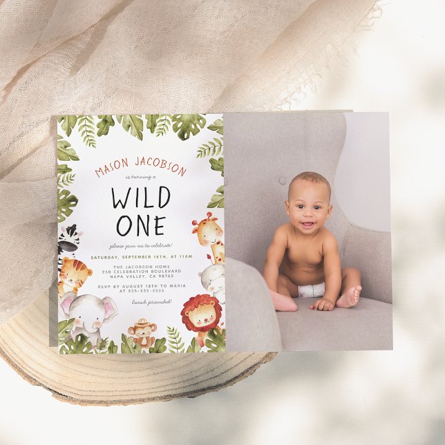 Wild One Safari Animals Boy Photo Birthday Party Invitation (Creator Uploaded)