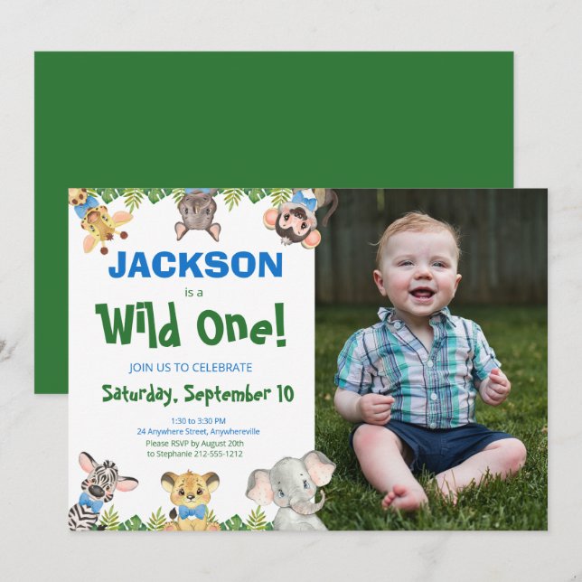 Wild One Safari Animals Boy Photo First Birthday I Invitation (Front/Back)
