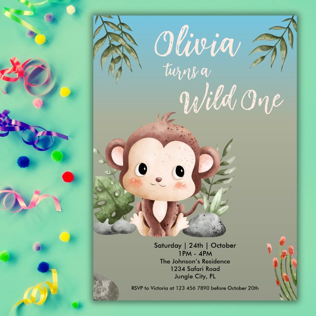 Wild One Safari Animals Cute Monkey 1st Birthday  Invitation (Creator Uploaded)