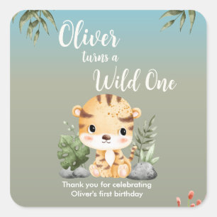 Wild One Safari Animals Cute Tiger 1st Birthday Square Sticker