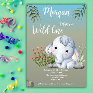 Wild One Safari Animals Elephant 1st Birthday  Invitation