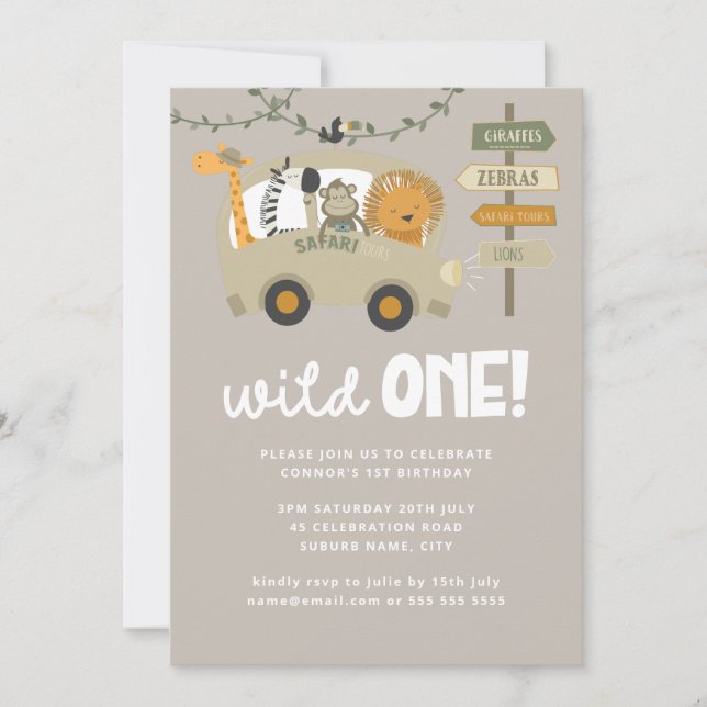 Wild One Safari Animals First Birthday Invitation (Front)