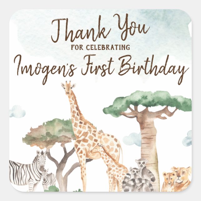 Wild One Safari Animals First Birthday Party Favou Square Sticker (Front)