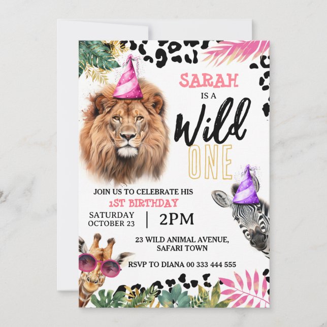 Wild One Safari Animals Girl 1st Birthday Party Invitation (Front)