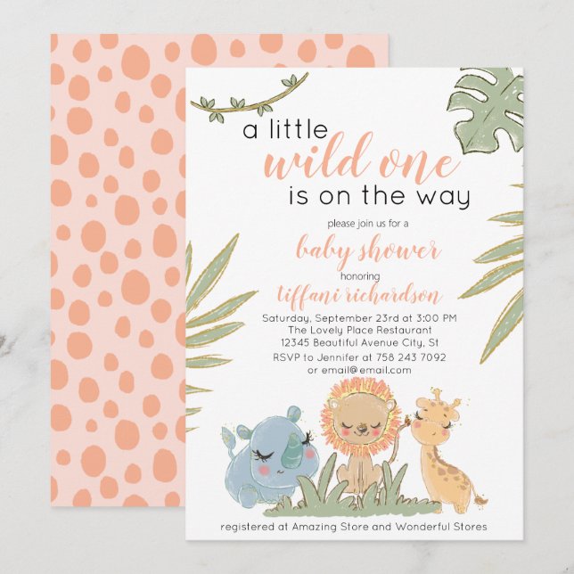 Wild One Safari Animals Girl Baby Shower  Invitation (Front/Back)