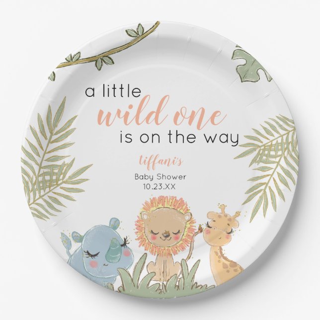 Wild One Safari Animals Girl Baby Shower Paper Plate (Front)