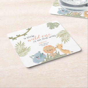 Wild One Safari Animals Girl Baby Shower Square Paper Coaster