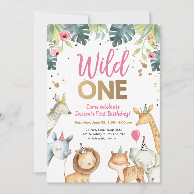 Wild One Safari Animals Girl Birthday Invitation (Front)