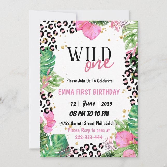 Wild One Safari Animals girl's 1st Birthday Invitation (Front)