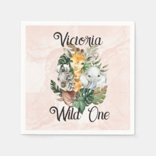 Wild One Safari Animals Girls First Birthday Napkin