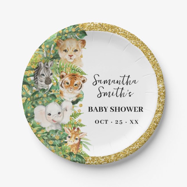 Wild One Safari Animals Gold Glitter Baby Shower Paper Plate (Front)