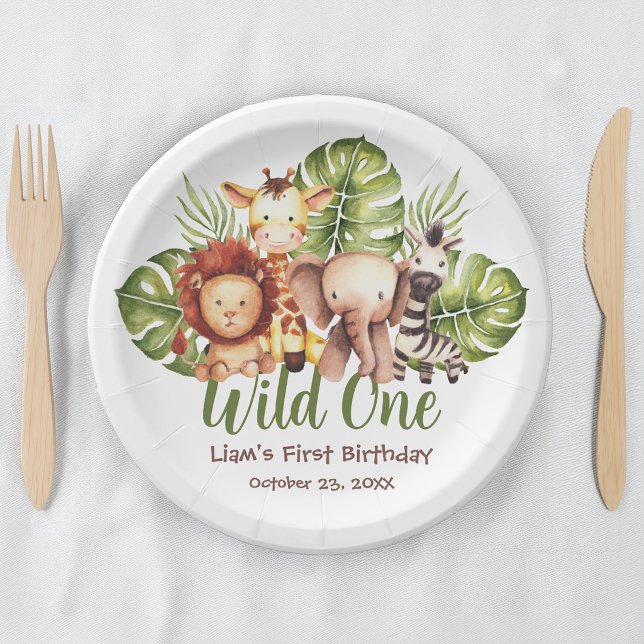 Wild One Safari Animals Greenery First Birthday Paper Plate (Creator Uploaded)