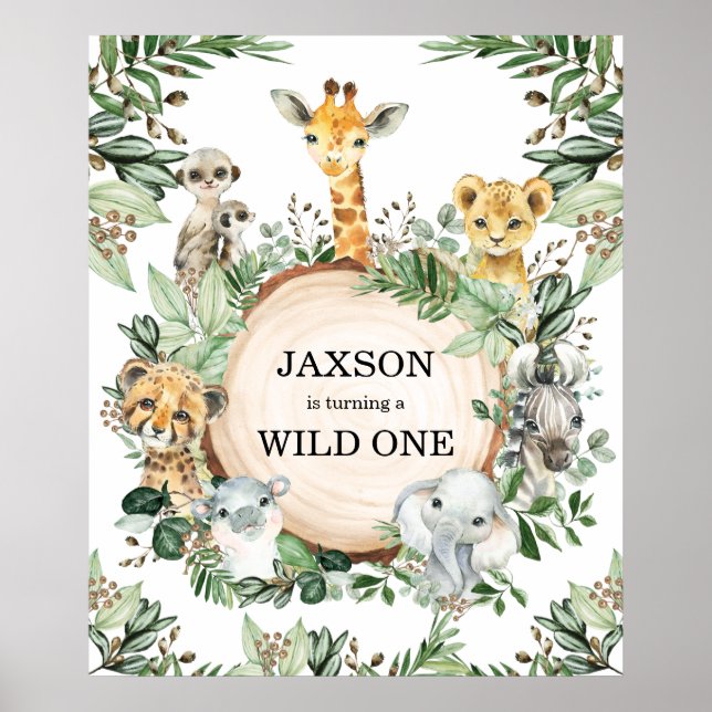 Wild One Safari Animals Jungle Greenery Birthday Poster (Front)