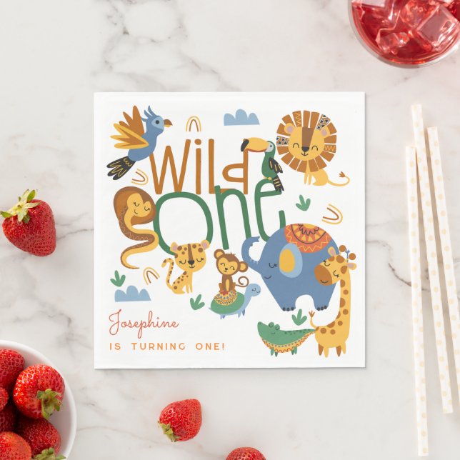 Wild one safari animals kids birthday party napkin (Insitu)