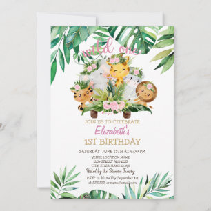 Wild One Safari Animals,Leaves 1st Birthday Invitation