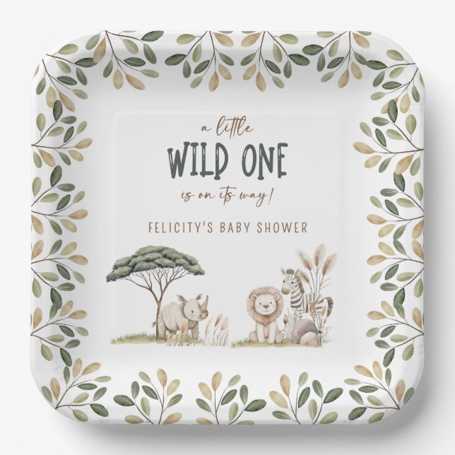 Wild One Safari Animals Neutral Baby Shower Paper Plate (Front)