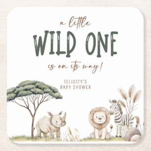 Wild One Safari Animals Neutral Baby Shower Square Paper Coaster