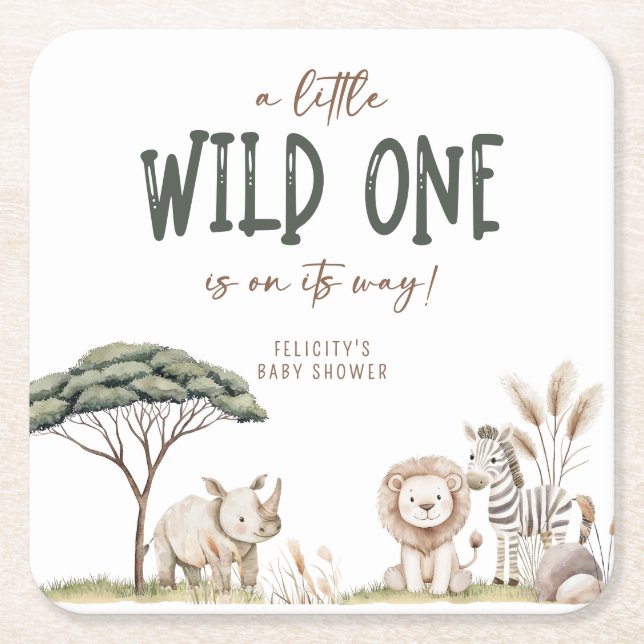 Wild One Safari Animals Neutral Baby Shower Square Paper Coaster (Front)