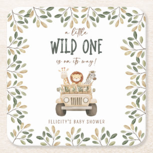 Wild One Safari Animals Neutral Baby Shower Square Paper Coaster