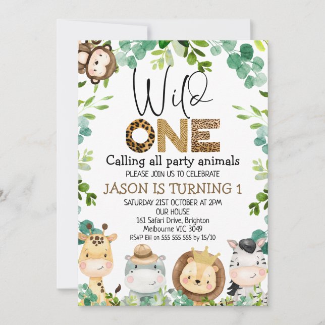 Wild One Safari Animals Party Animals 1st Birthday Invitation (Front)