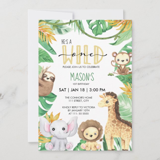 Wild One Safari Animals Party Jungle Birthday Invitation (Front)
