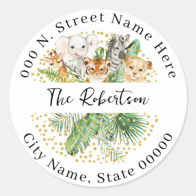 Wild One Safari Animals Return Address Classic Round Sticker (Front)