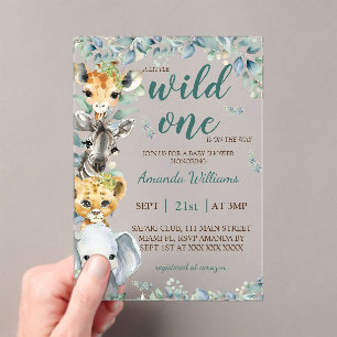 Wild One Safari Animals Sage Green Baby Shower Acrylic Invitations