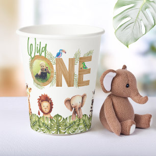 Wild One Safari Animals Wood  Photo First Birthday Paper Cups