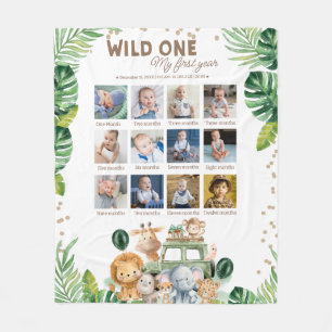 Wild One Safari Birthday 12 Month Photo Collage  Fleece Blanket