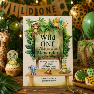 Wild ONE Safari Birthday Greenery Jungle Animals  Invitation