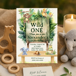 Wild ONE Safari Birthday Greenery Jungle Animals  Invitation