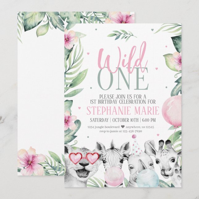 Wild One Safari Birthday Invitation for Girl (Front/Back)