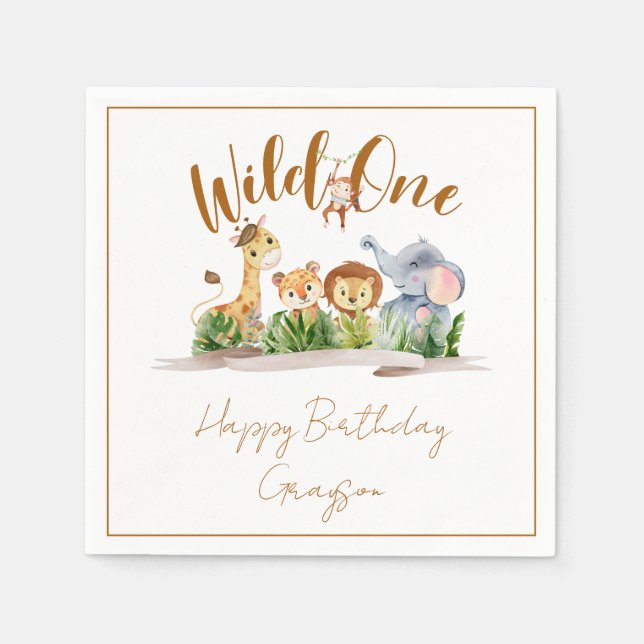 Wild One Safari Birthday Party Napkins (Front)