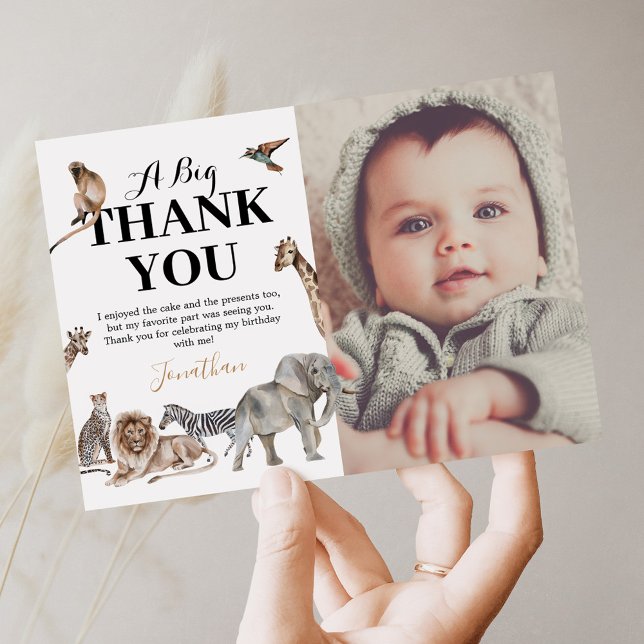 Wild One Safari Birthday Photo Thank You Card (Creator Uploaded)