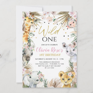 WILD ONE Safari Boho Pampas Animals 1st Birthday Invitation
