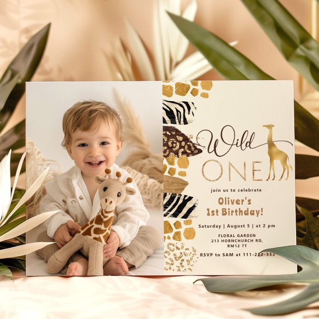 Wild One Safari boy 1st birthday giraffe photo Invitation (Creator Uploaded)
