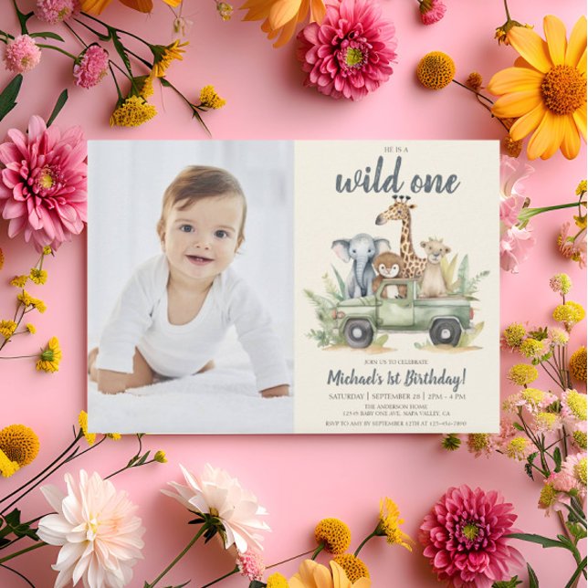 Wild One Safari Boy Photo 1st Birthday Invitation (Creator Uploaded)