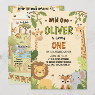 Wild One Safari Cartoon First Birthday Invitation